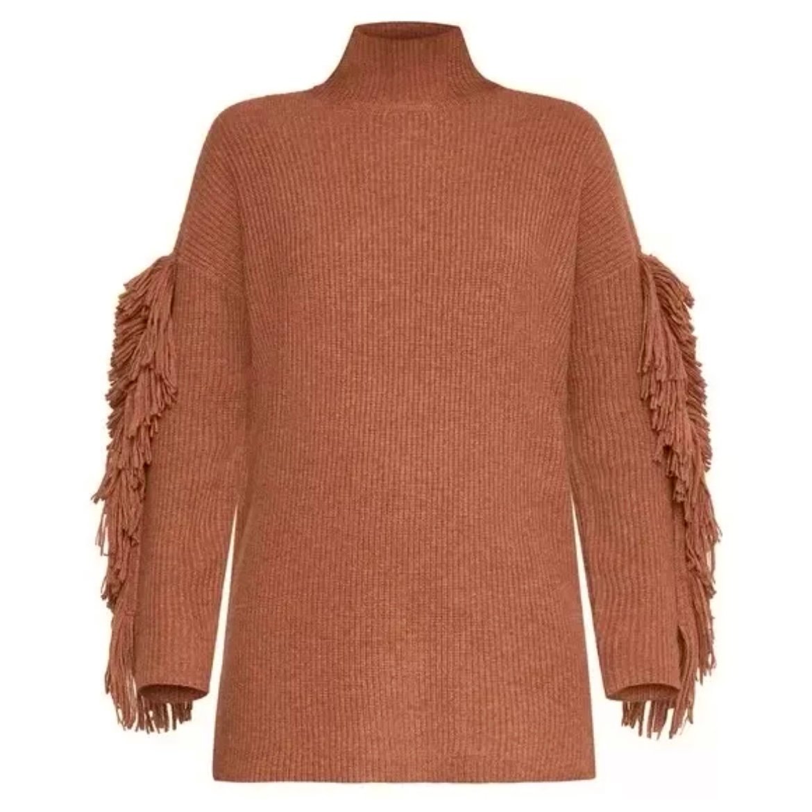 BCBG Maxazria Burnt Sienna Brown Boho Fringe Mock Neck Merino Wool Tunic Sweater
