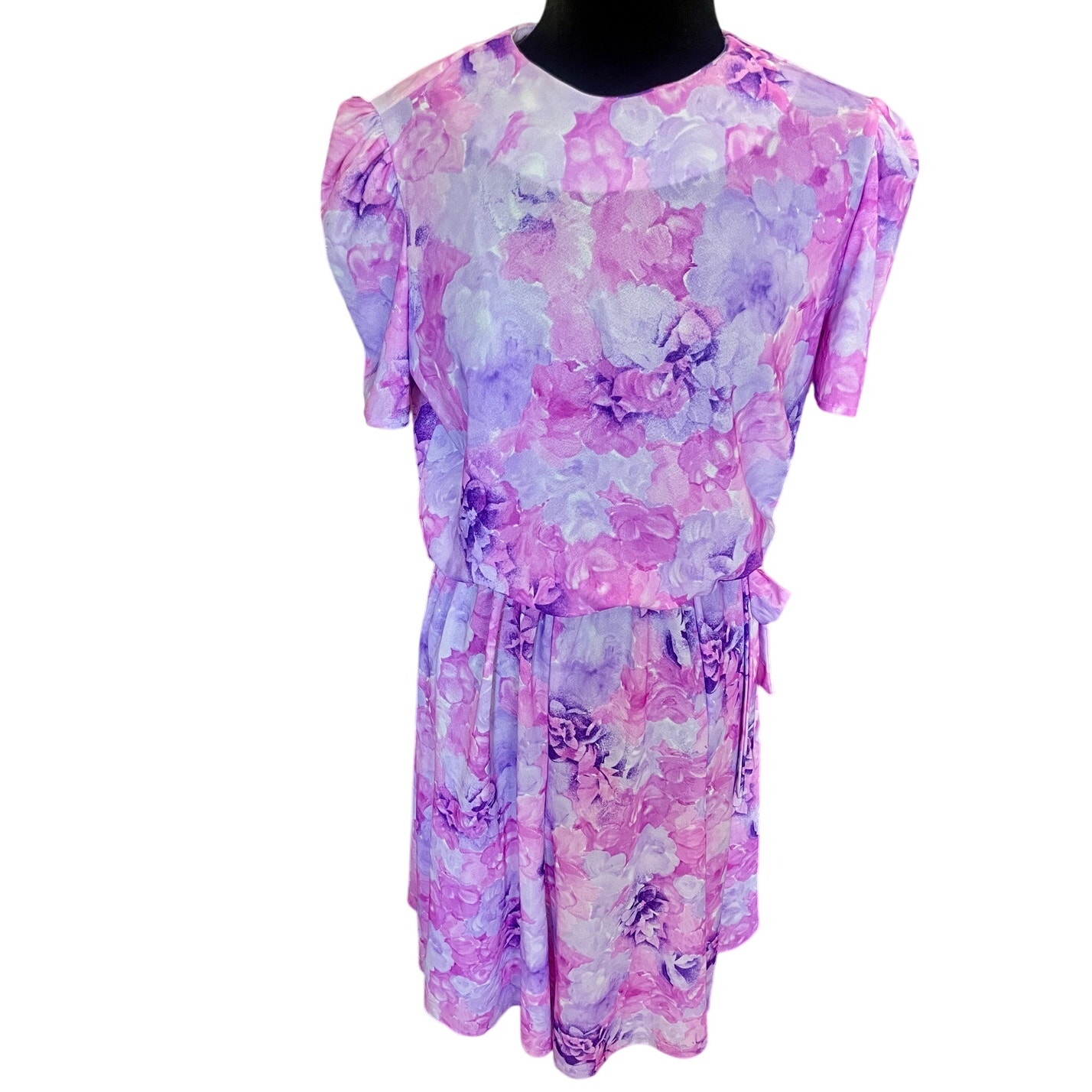 Vintage 80’s KR of NY Hot Pink Purple Peplum Bow Secretary Retro Dress Med Large