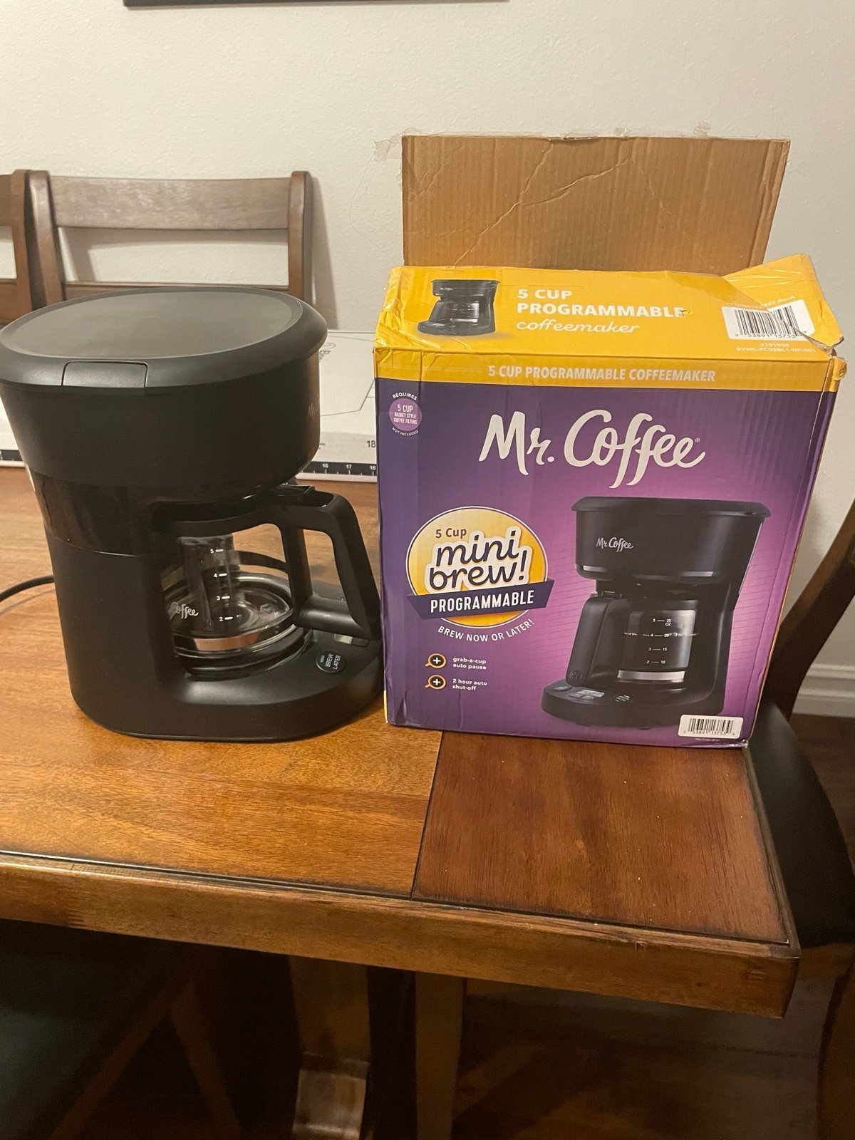 Mr. Coffee Programmable Coffee Maker, 5 Cups with Auto Pause, Glass Carafe, Comp