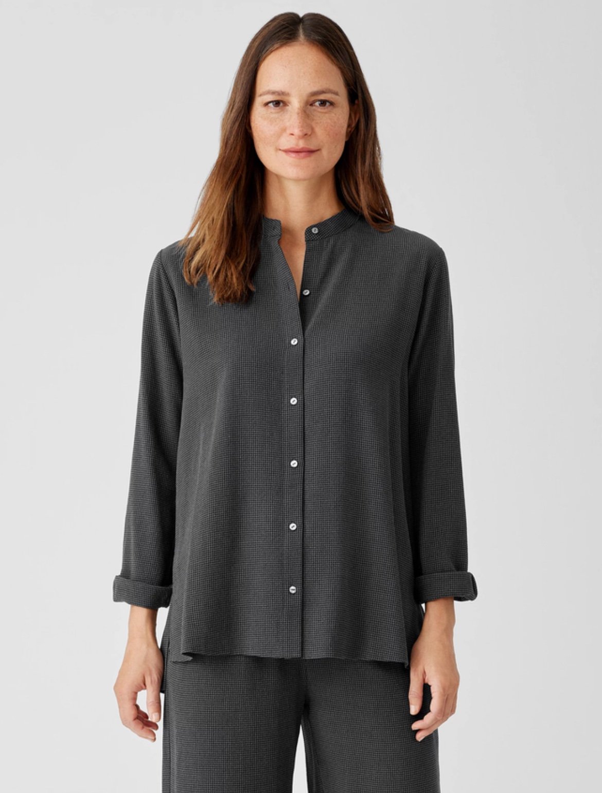 Eileen Fisher Mini Check Crepe Mandarin Collar Top