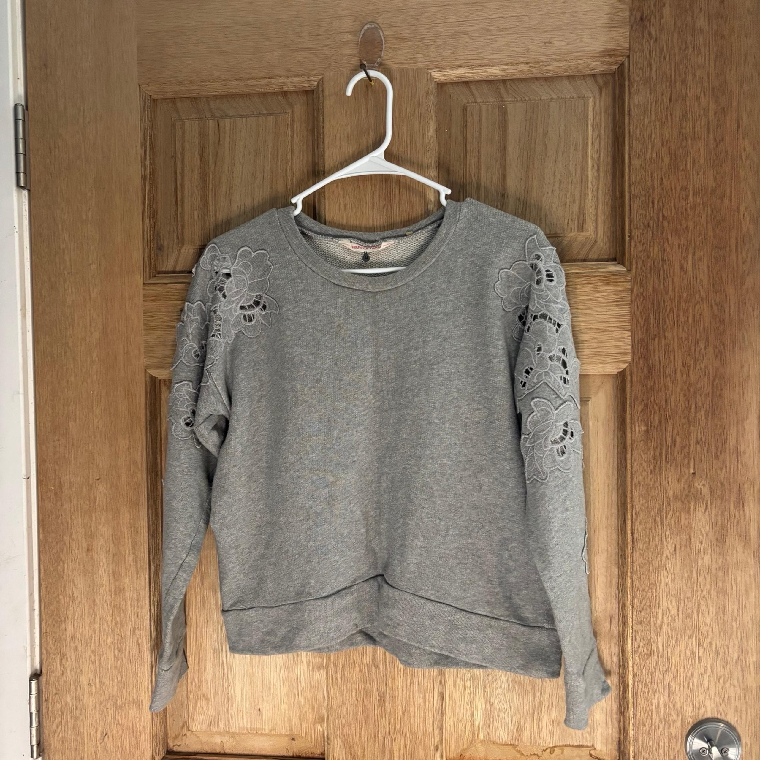 Rebecca Taylor Women’s Gray Lace Sleeve Crewneck Pullover Cotton Sweater size M