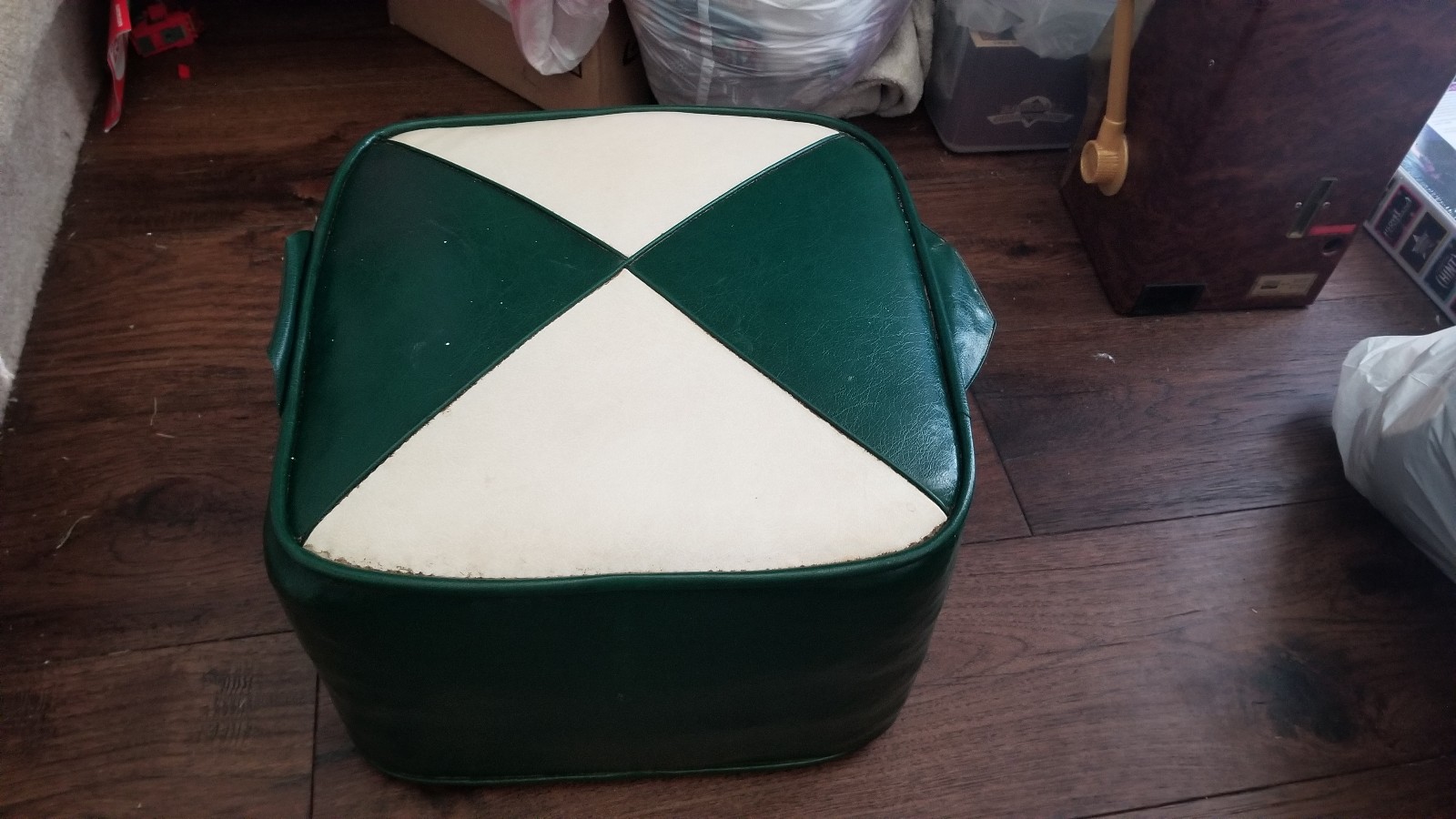 Vintage Green White Leather Ottoman Foot Stool Square Triangle 9 High