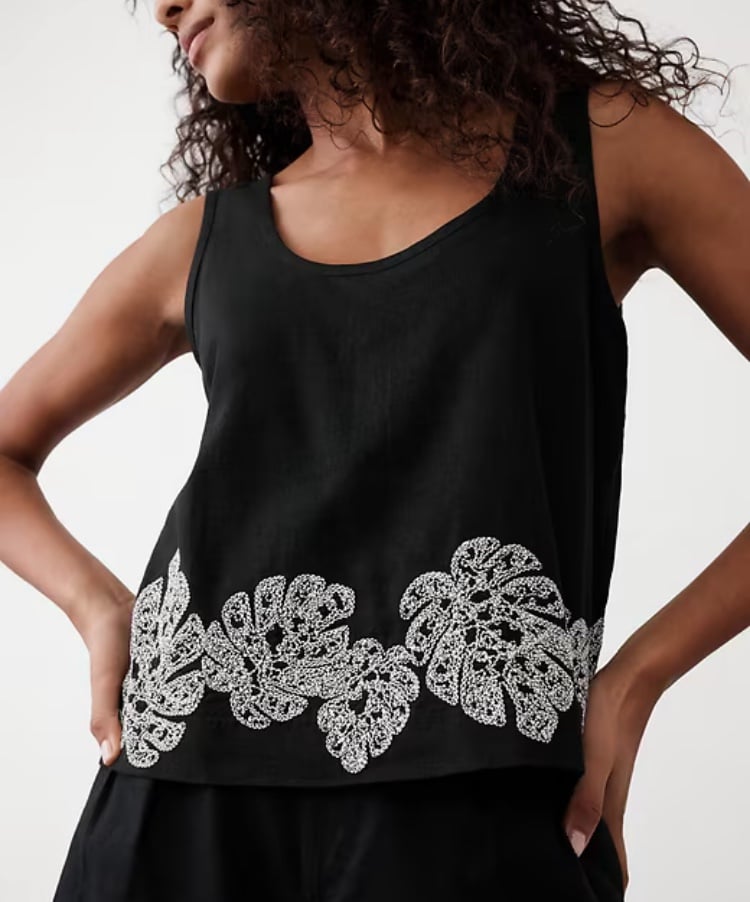 NWT BR Linen Black Top with white embroidery