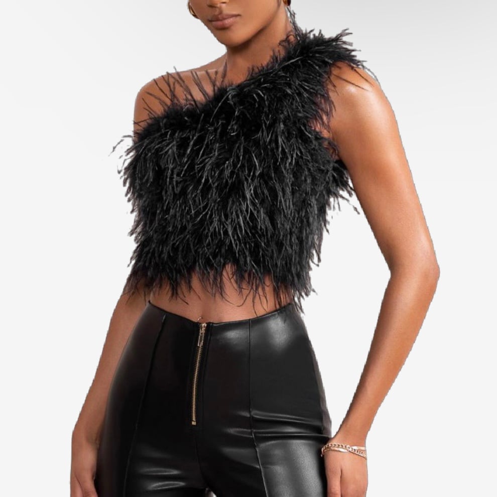 Club L London Ivey Black One Shoulder Feather Crop Top