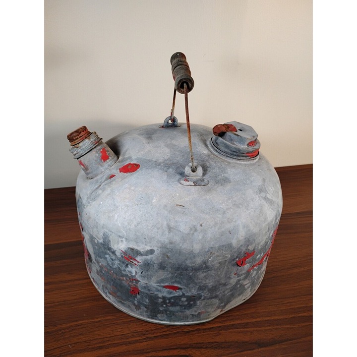 Vintage Metal Gas Oil Kerosene Can Jug Galvanized With Wooden Handle 11