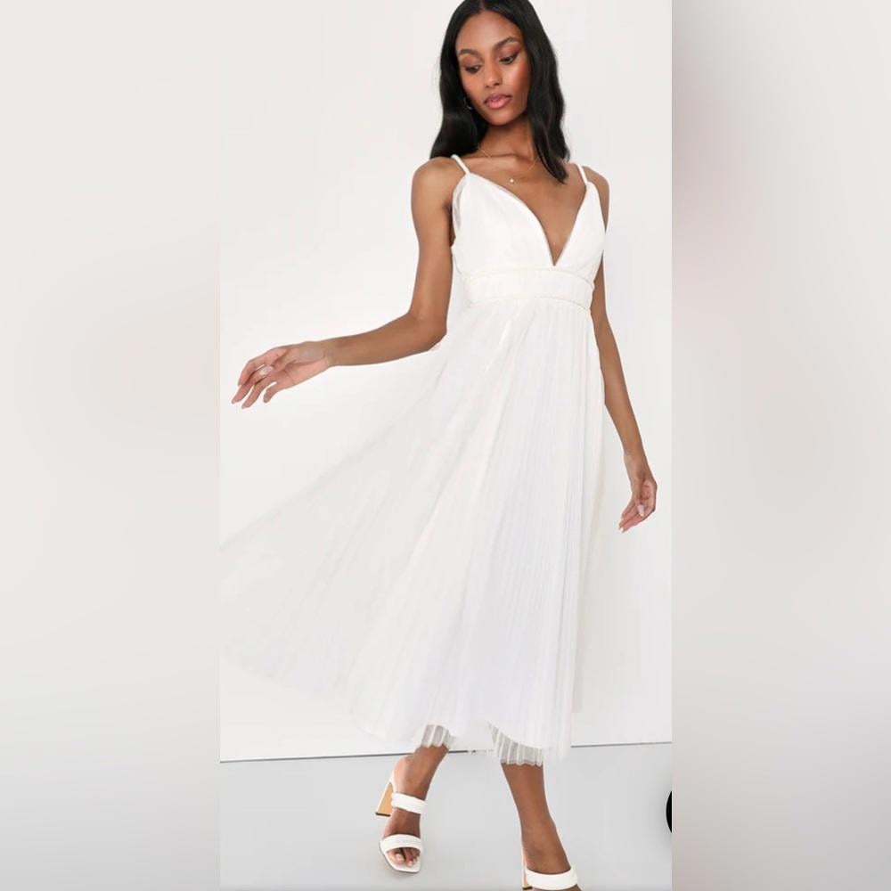 Lulus Medium Sweet Goddess White Mesh Pleated Lined Sleeveless Midi Dress NWT