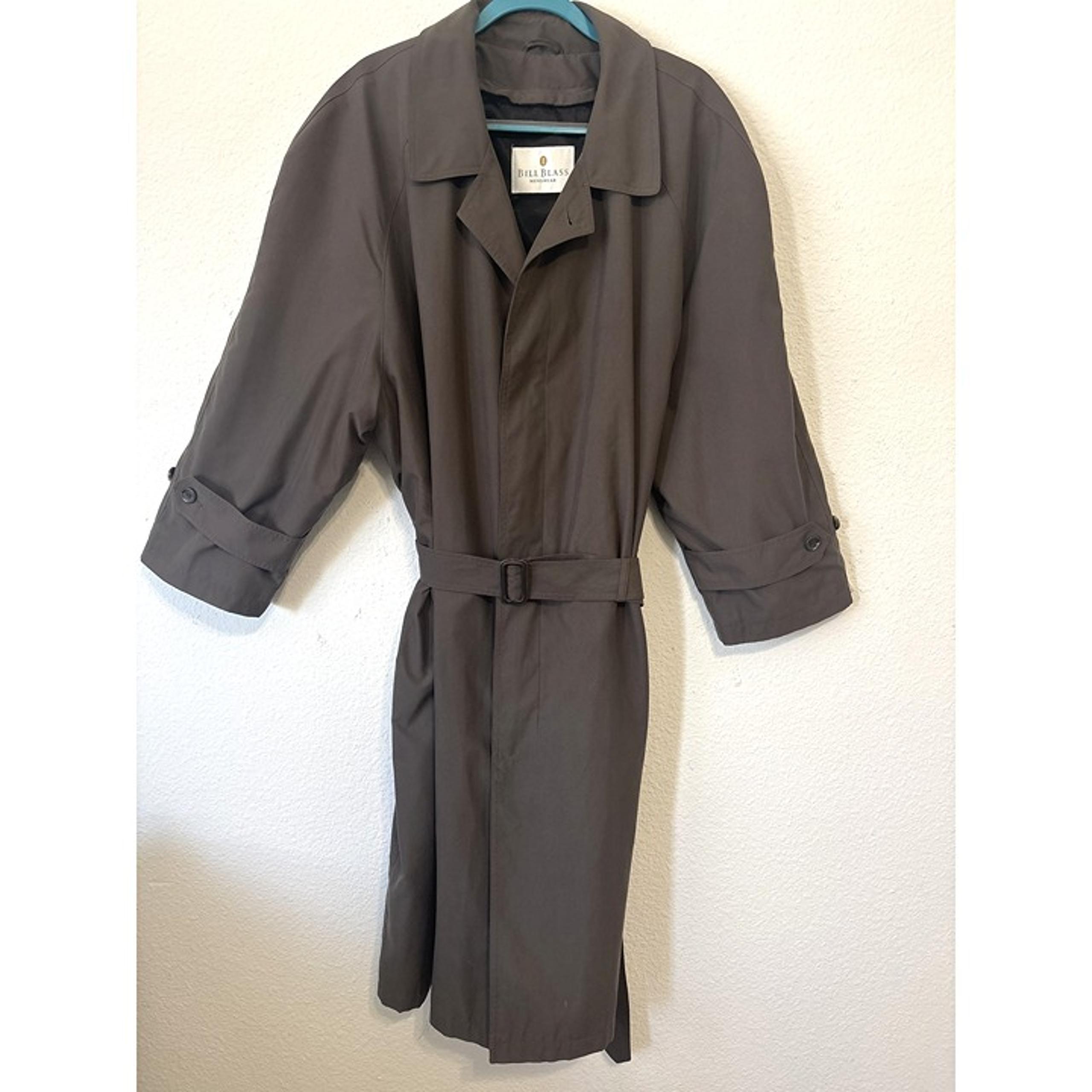 Vintage Bill Blass Trench Coat Mens 46R Olive Belted Classic Made In USA