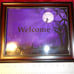 sz13x11 FRAMED PURPLE HALLOWEEN WITCH WELCOME PHOTO SIGN IN VINTAGE HQ LD 2270