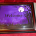 sz13x11 FRAMED PURPLE HALLOWEEN WITCH WELCOME PHOTO SIGN IN VINTAGE HQ LD 2270