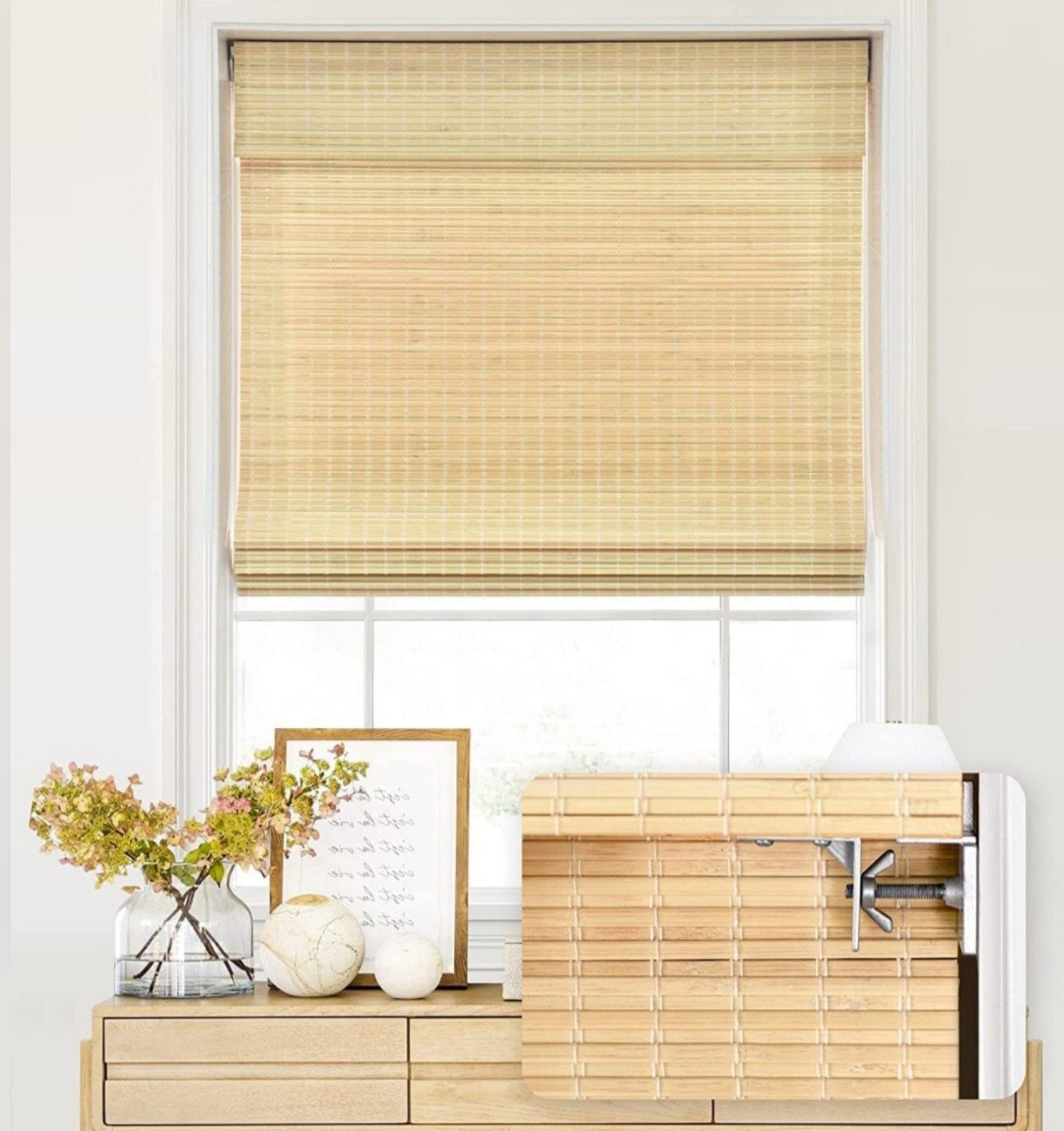 LazBlinds No Tools 36x64 Cordless Bamboo Roman Shades