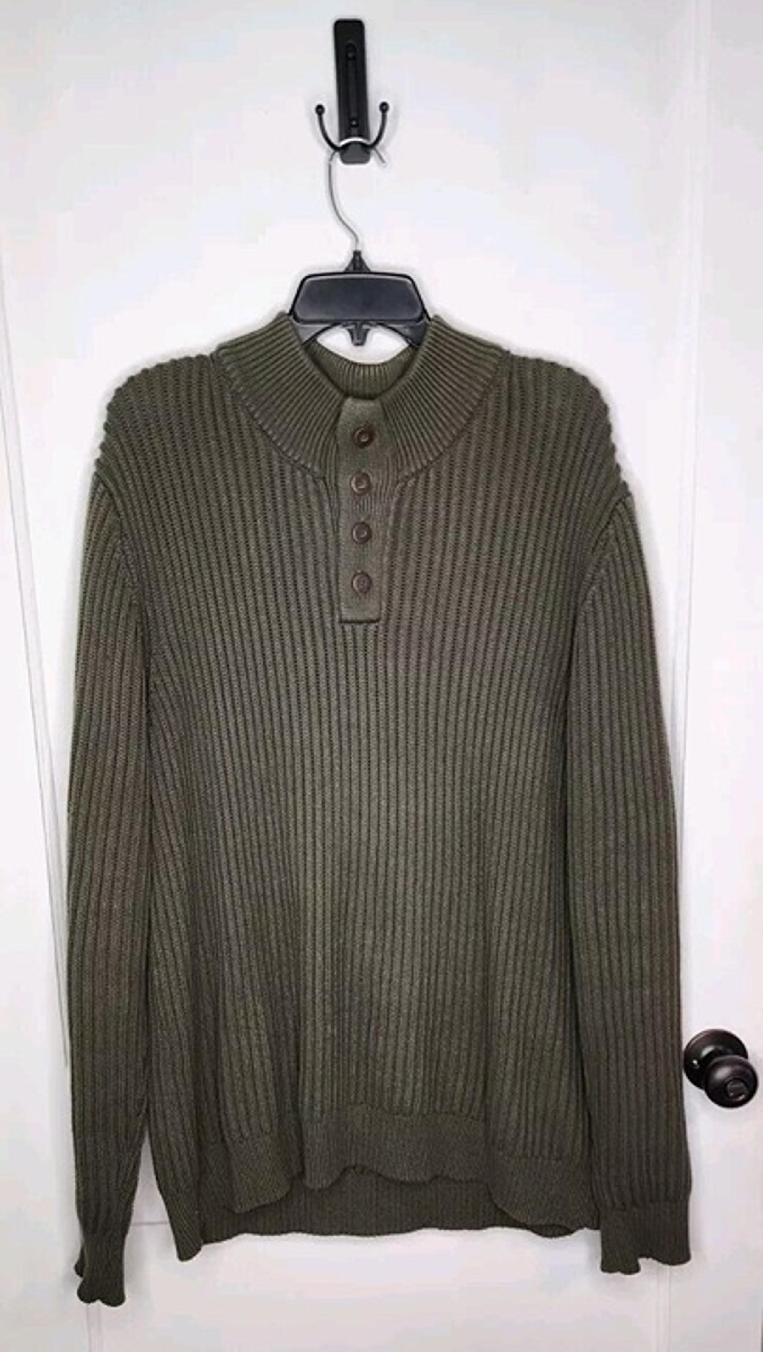 LL Bean Ribbed Heavy Knit Sweater Green Henley Cotton Long Sleeves Men's Large