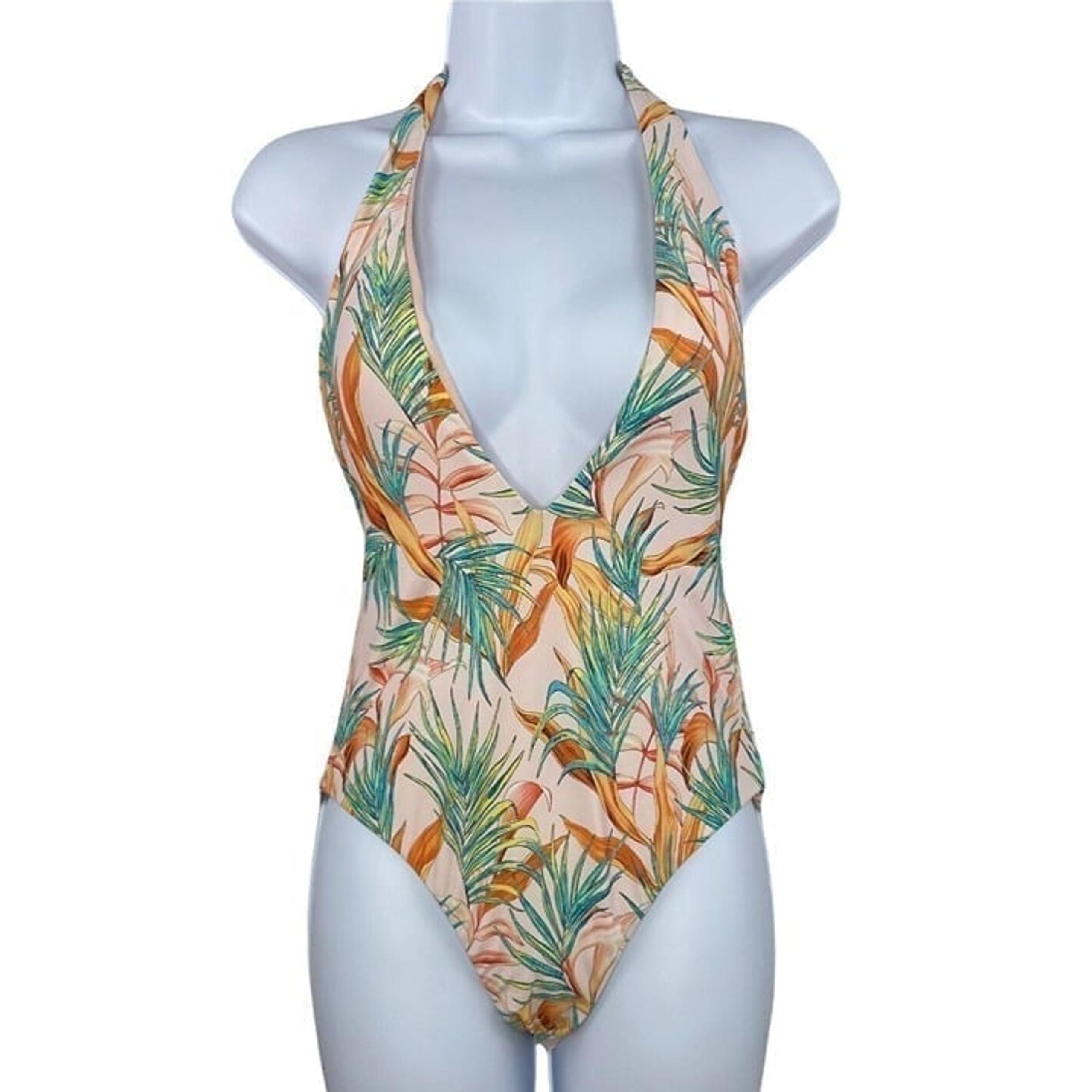 Basta Surf Women’s Pink Floral Print One Piece Swimsuit Plunging Halter Sz M NWT