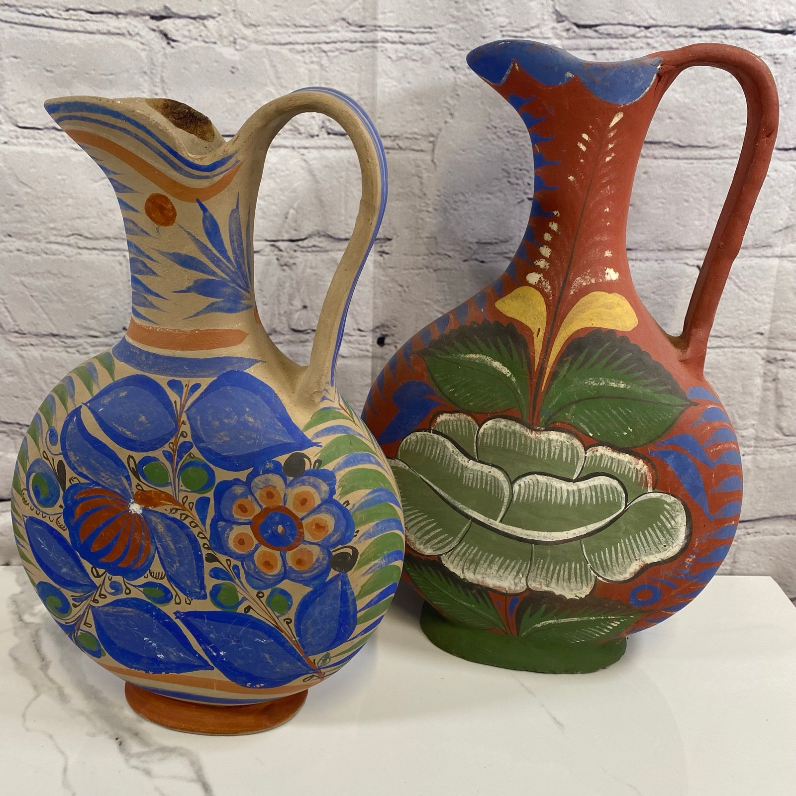 Set Of 2 Vintage Mexican Pottery Floral Hand Painted Unburnished Clay Pitchers