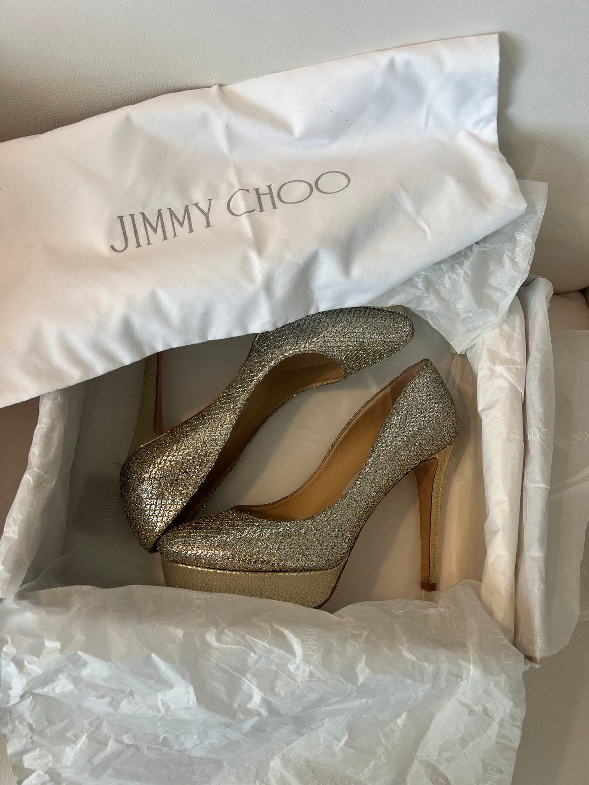 Jimmy Choo Champagne Sparkle platform heels size 7.5