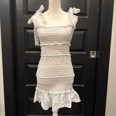 Chelsea & Violet White Tiered Smocked Mini Dress Ruffle Shoulder Tie Square Neck