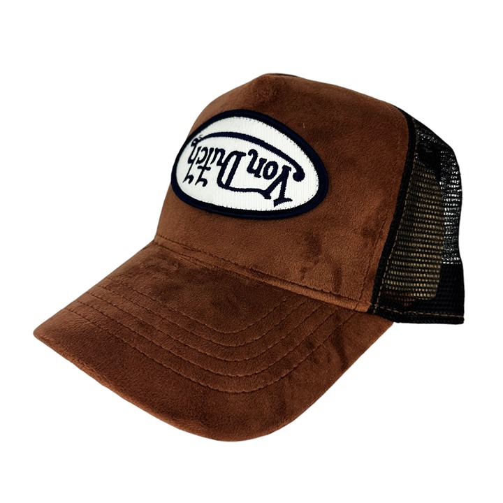 Von Dutch Trucker Hat Brown Velvet Embroidered Upside Down Patch Snapback Cap