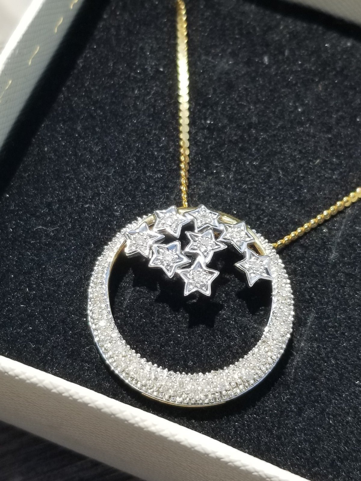 10k/14k Pave Diamond Moon and Stars Pendant and Chain