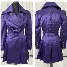BLANC NOIR Satin Twill Corseted Trench Pea Coat Jacket Pleated Belted Purple S