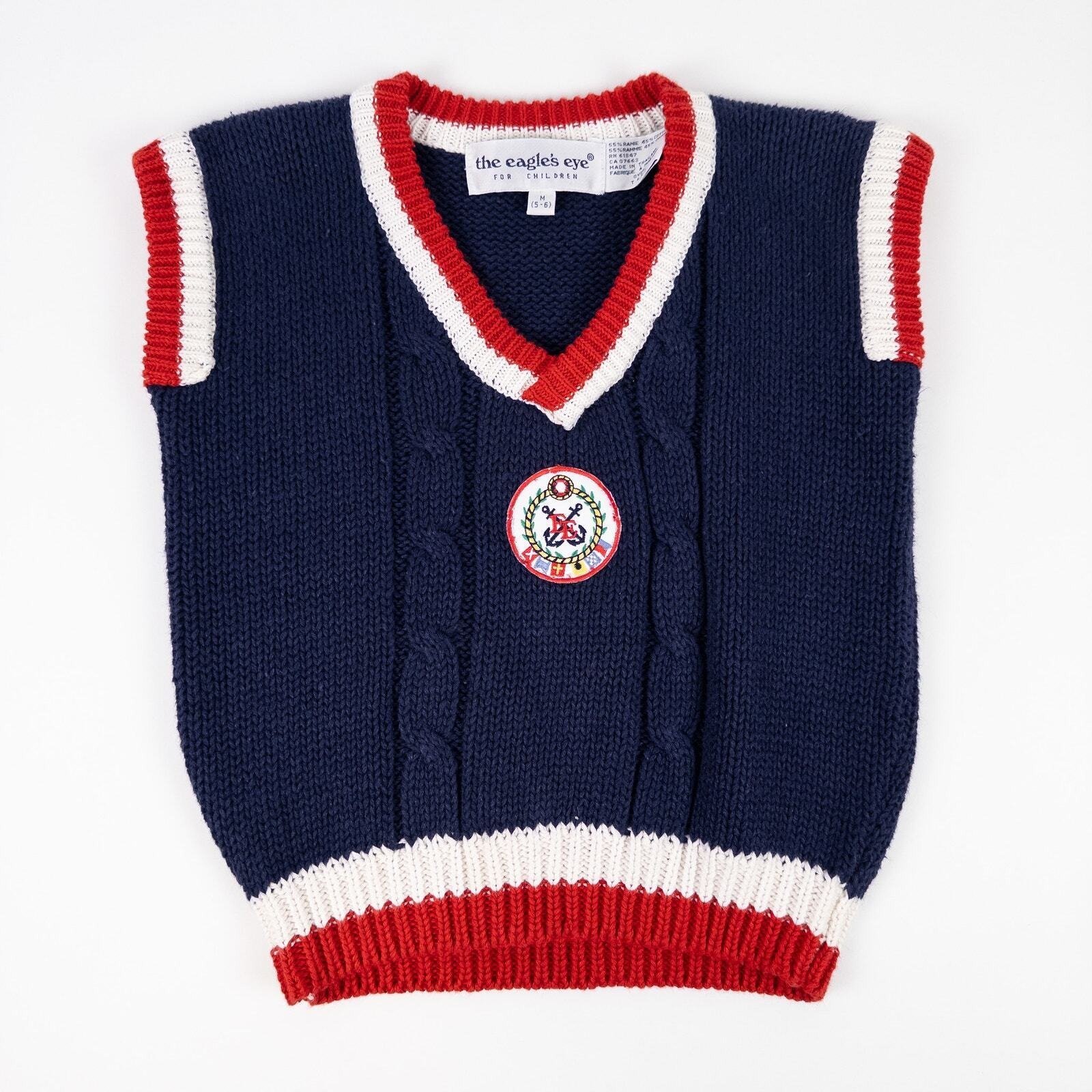 Vintage Eagle's Eye For Childrenn 90s Cable Knit Vest Blue Red Nautical Kids 5-6