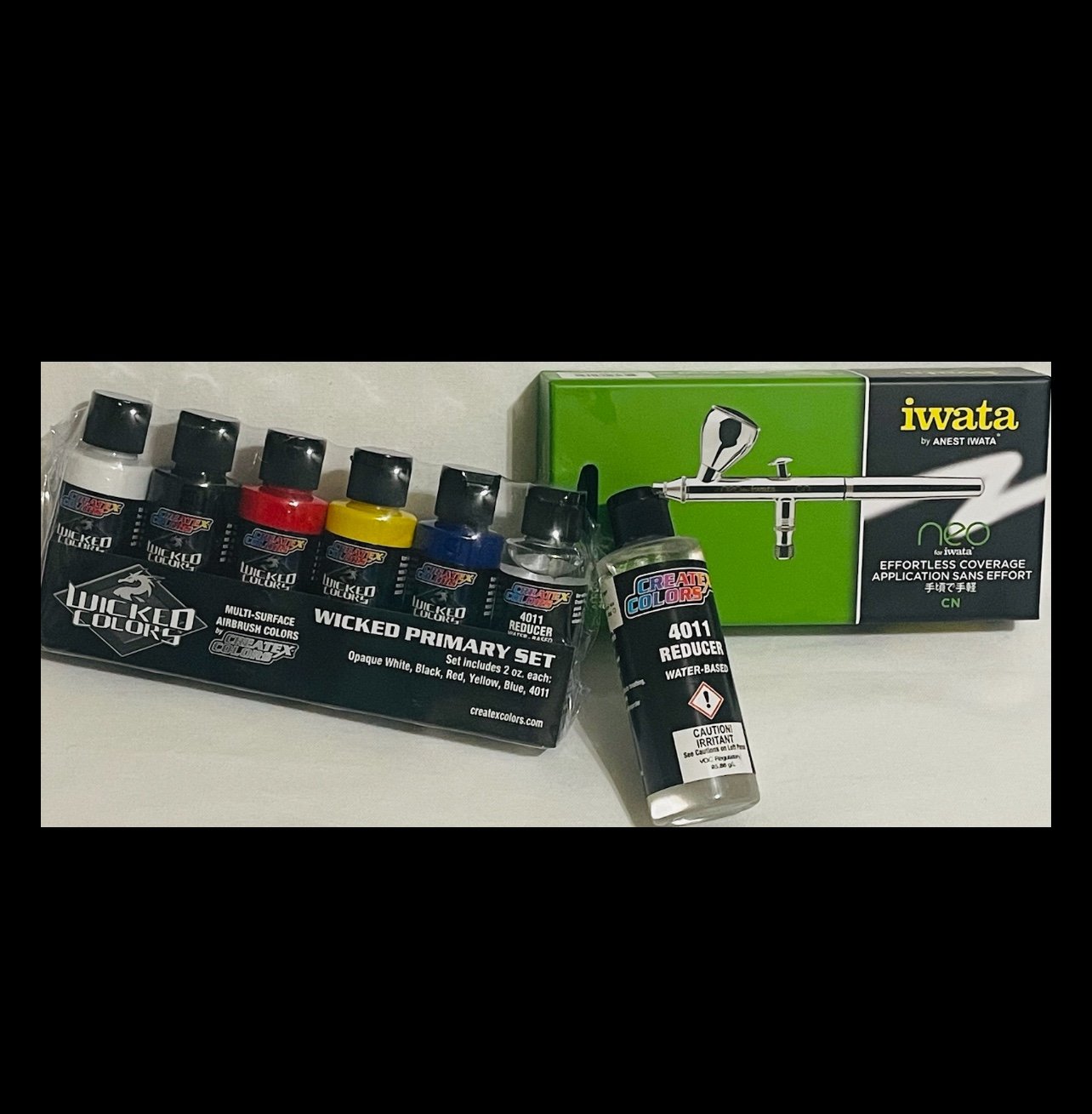 Iwata Neo Gravity Feed Airbrush Bundle-Airbrush-Wicked Paint Set-Reducer-NEW!