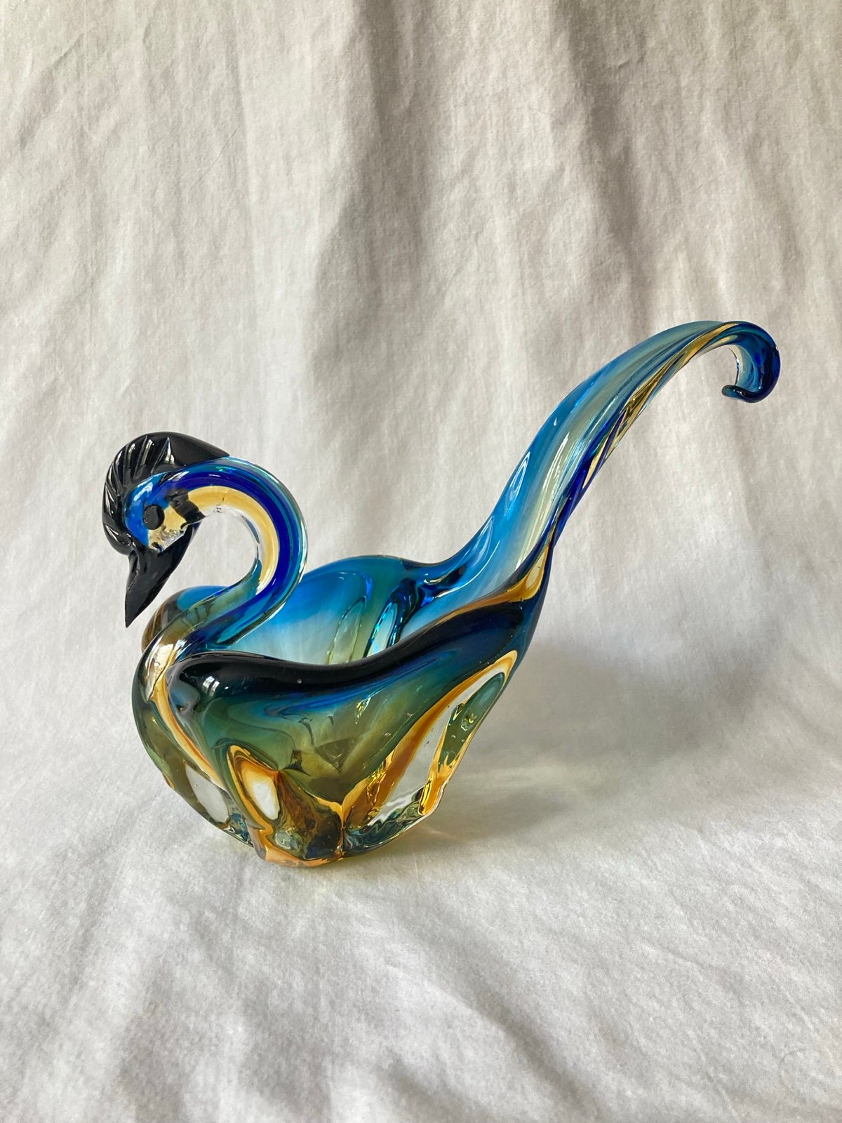 Blue and Amber Glow with Black Accent Glass Bird or Swan Ashtray or Candy Dish