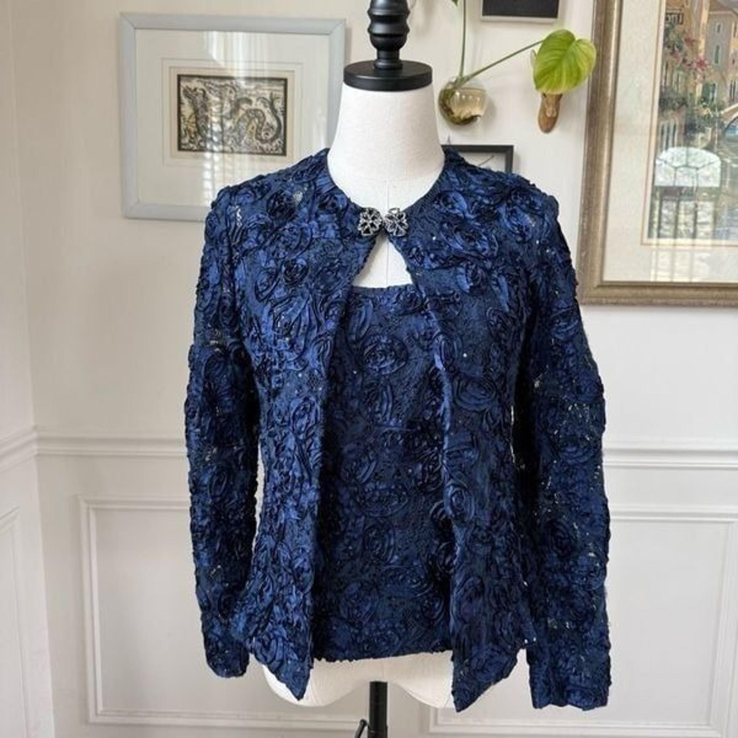 Cachet Dark Blue 2pc Formal Jacket Tank Soutache Sequin Rhinestone Clip 6