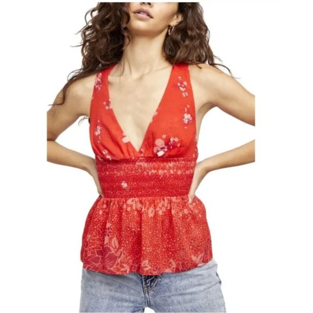NWT Free People Brinkley Smocked Tank Top in Pop Combo XS