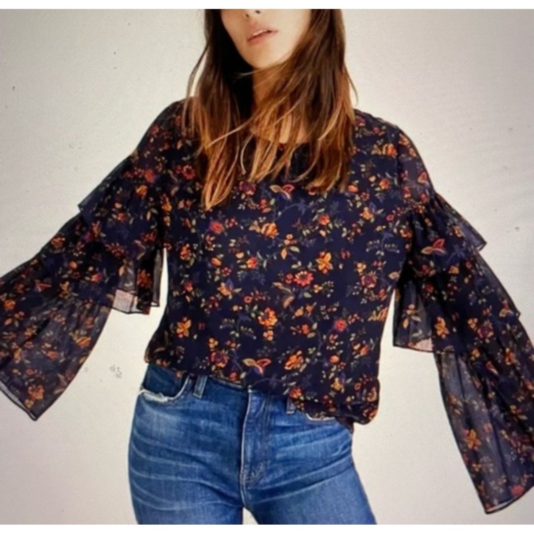Madewell Climbing Vine Tiered Ruffle Sleeve top, Navy, Large