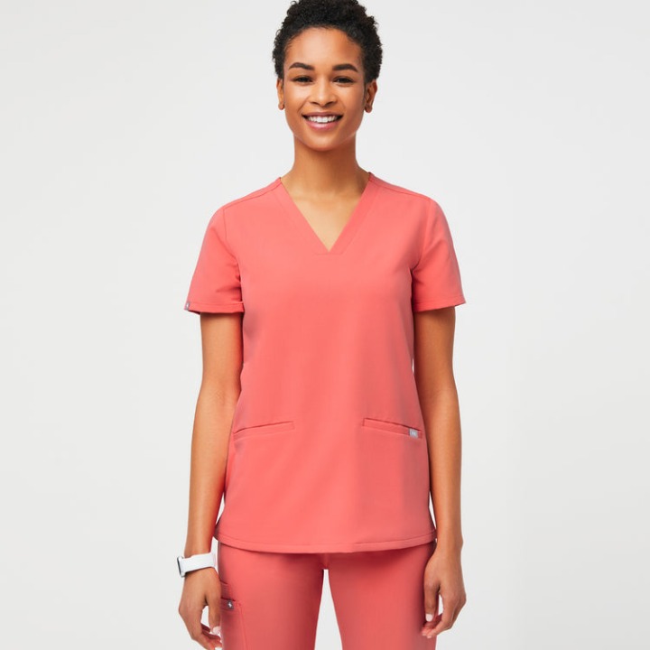 Figs XS Hot Coral Casma 3 Pocket Scrub Top