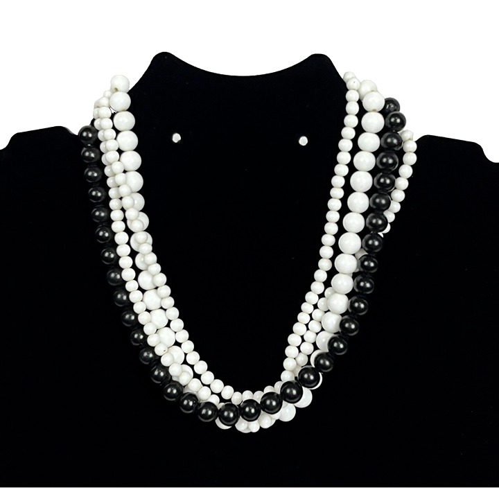 Vendom Vintage White Milk And Black Glass Multi-Strand Necklace 17 Signed Rare