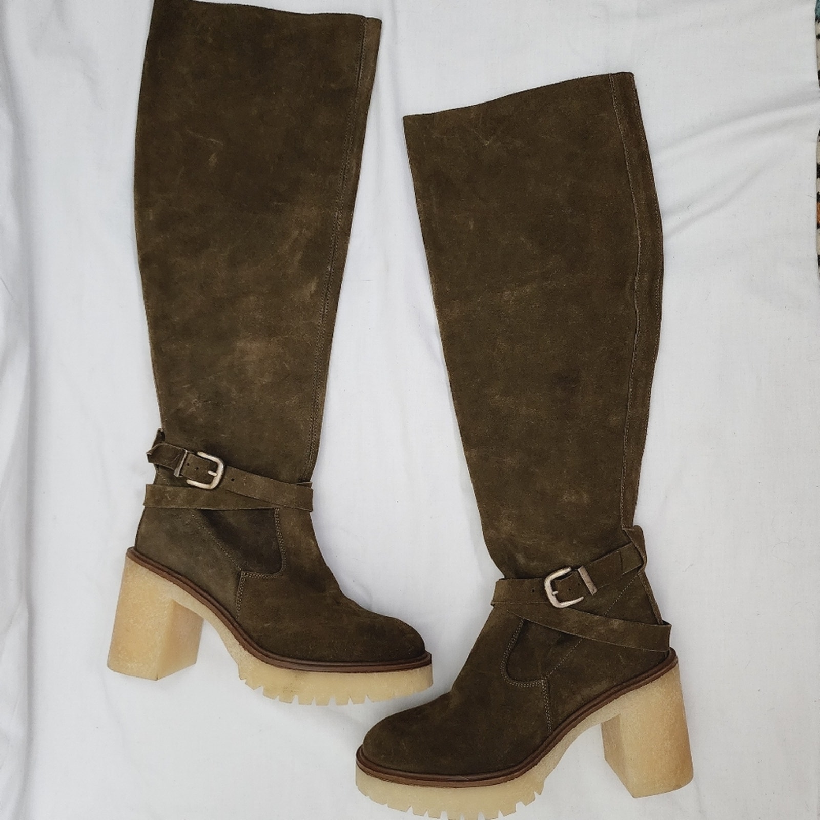 NEW Free People Jasper Dark Green Knee High Tall Chunky Leather Boot