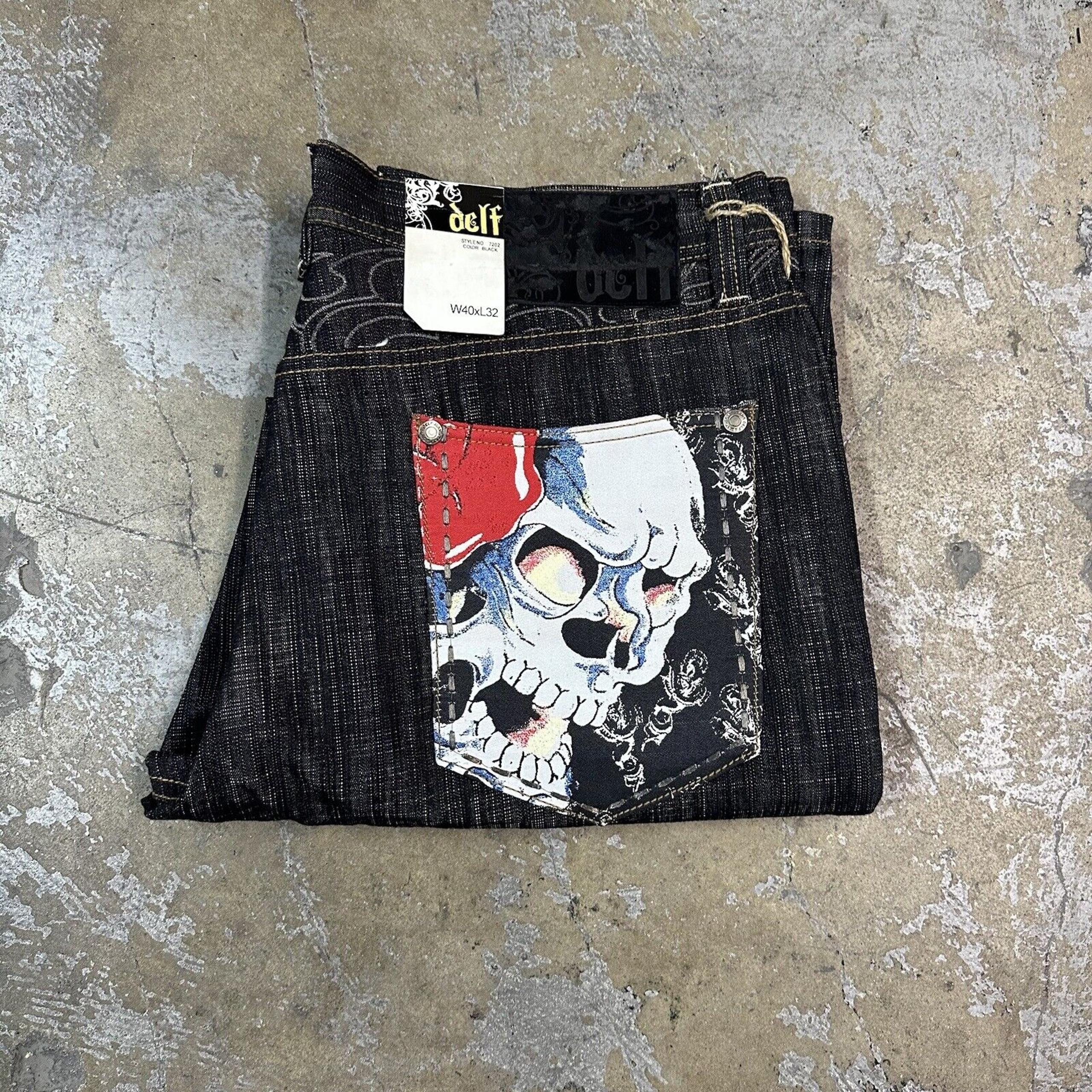 NWT Vintage Y2K Delf Skull Black Baggy Denim Jeans 40x32 NEW Jnco Jeans
