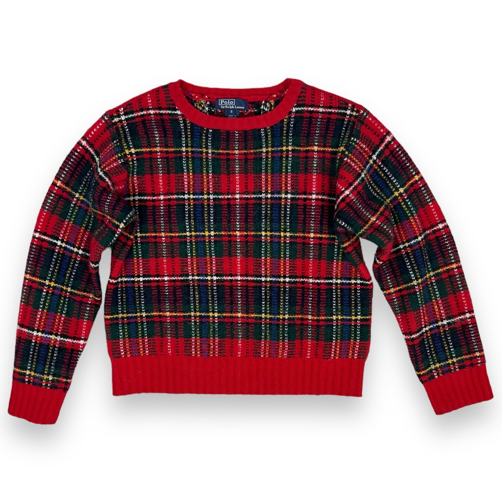 Vtg Polo Ralph Lauren Lambswool Plaid Tatan Sweater Youth Red Green Classic Sz S