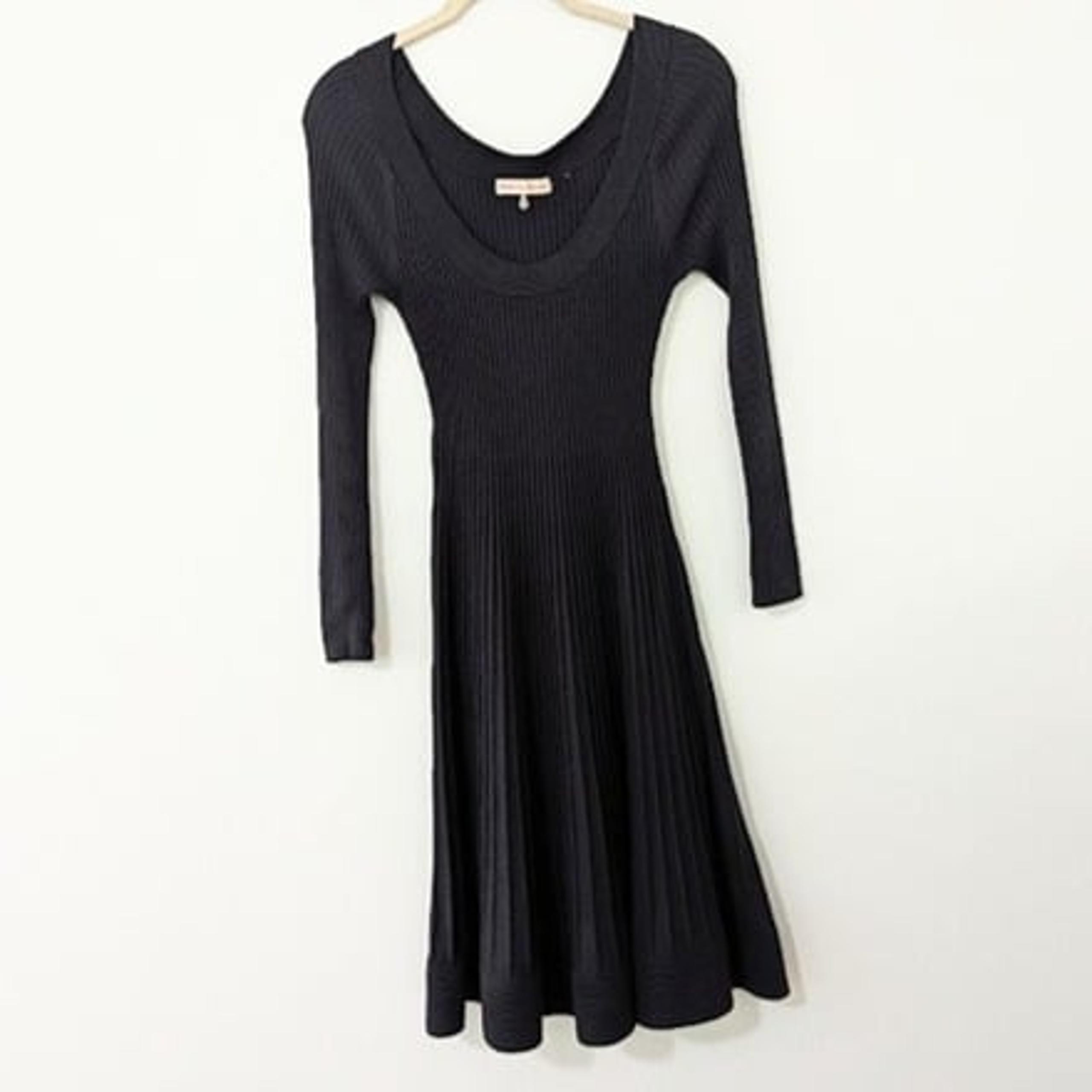 Rebecca Taylor Long Sleeve Pleated Knit Knee Length Dress Black Large L