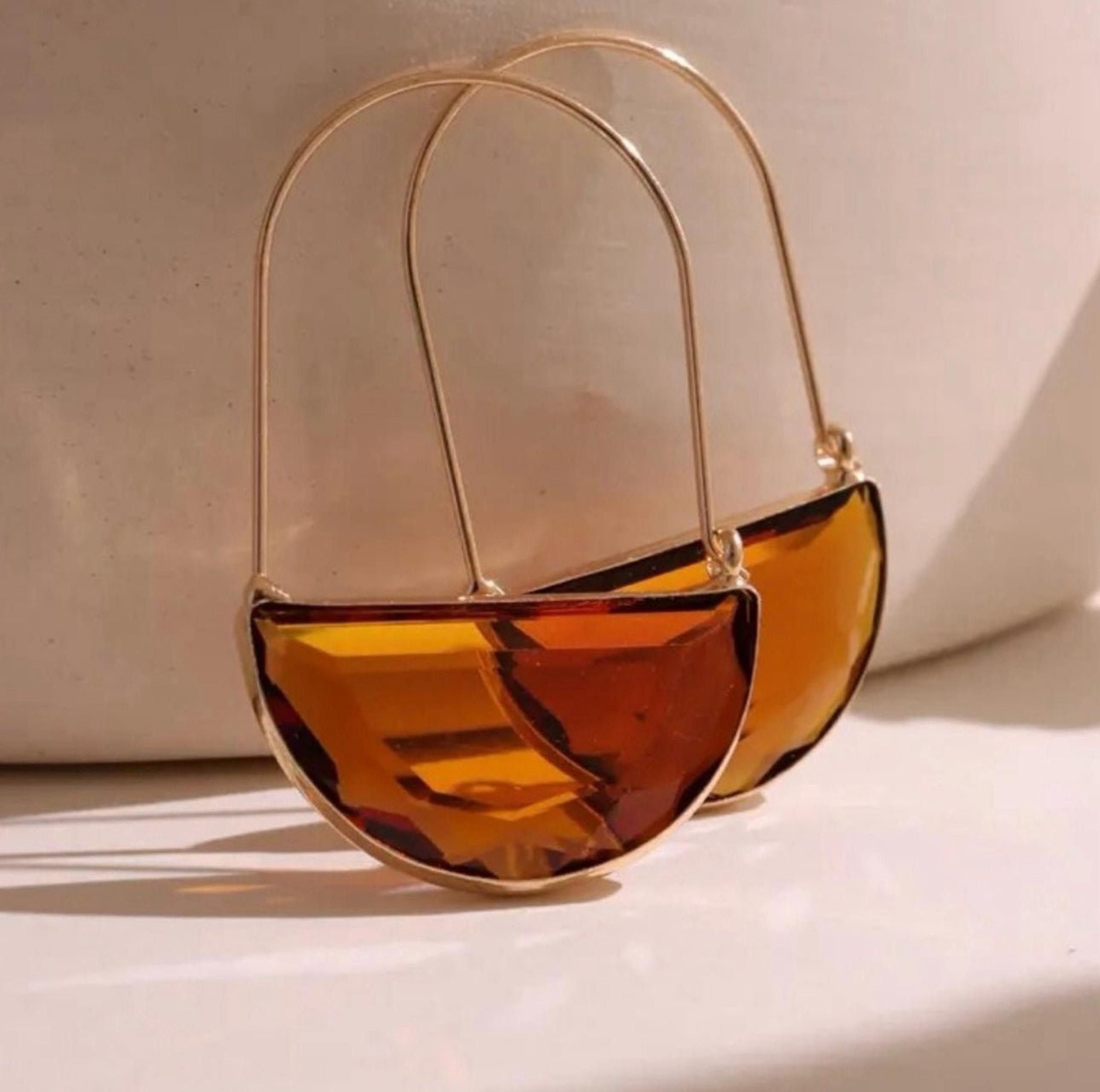 Anthropologie Amber Coffee Brown Faceted Crescent Moon Wire Thread Hoop Earrings