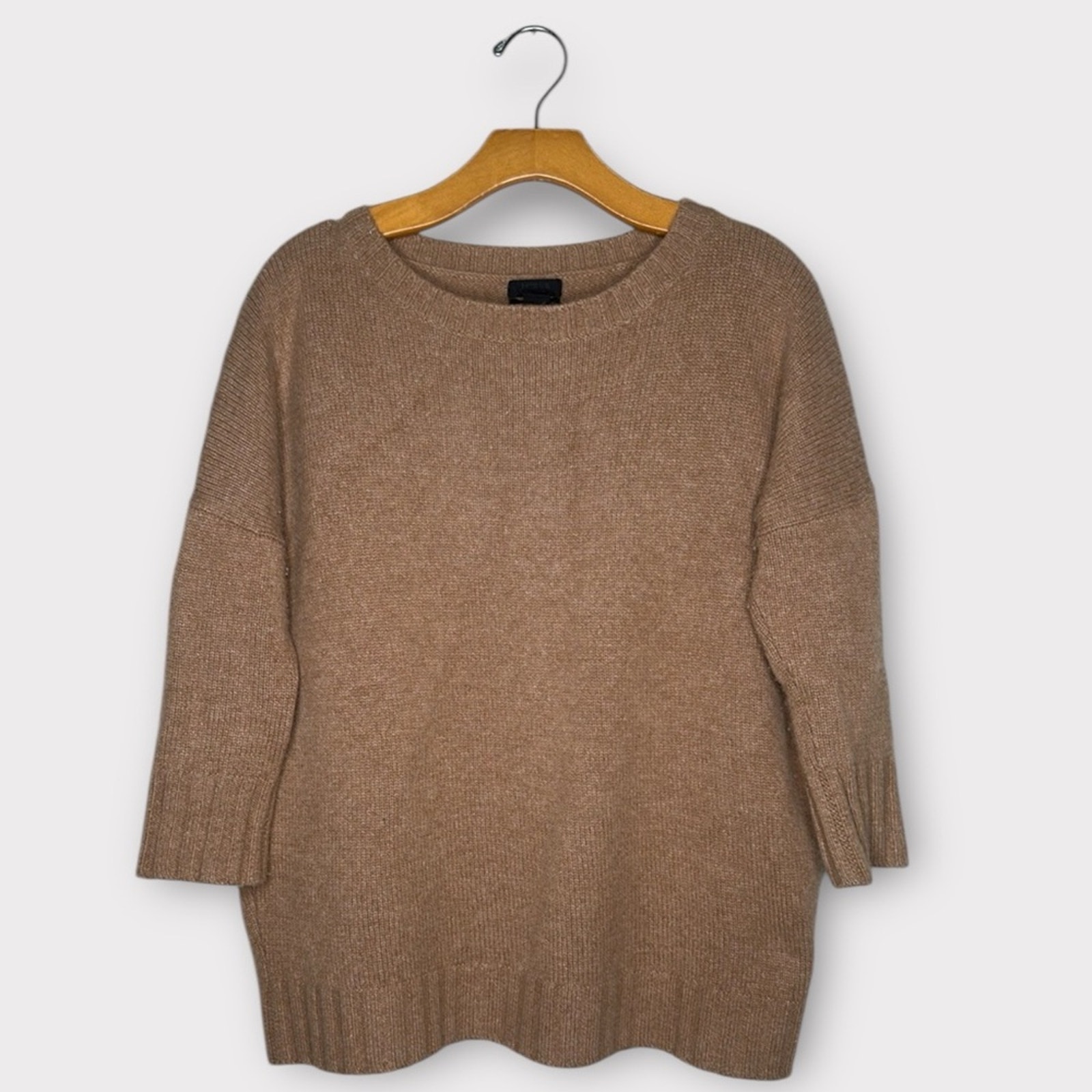 J. Crew 100% Cashmere Sweater Tan Sz Small Oversized Boatneck 3/4 Sleeve Preppy