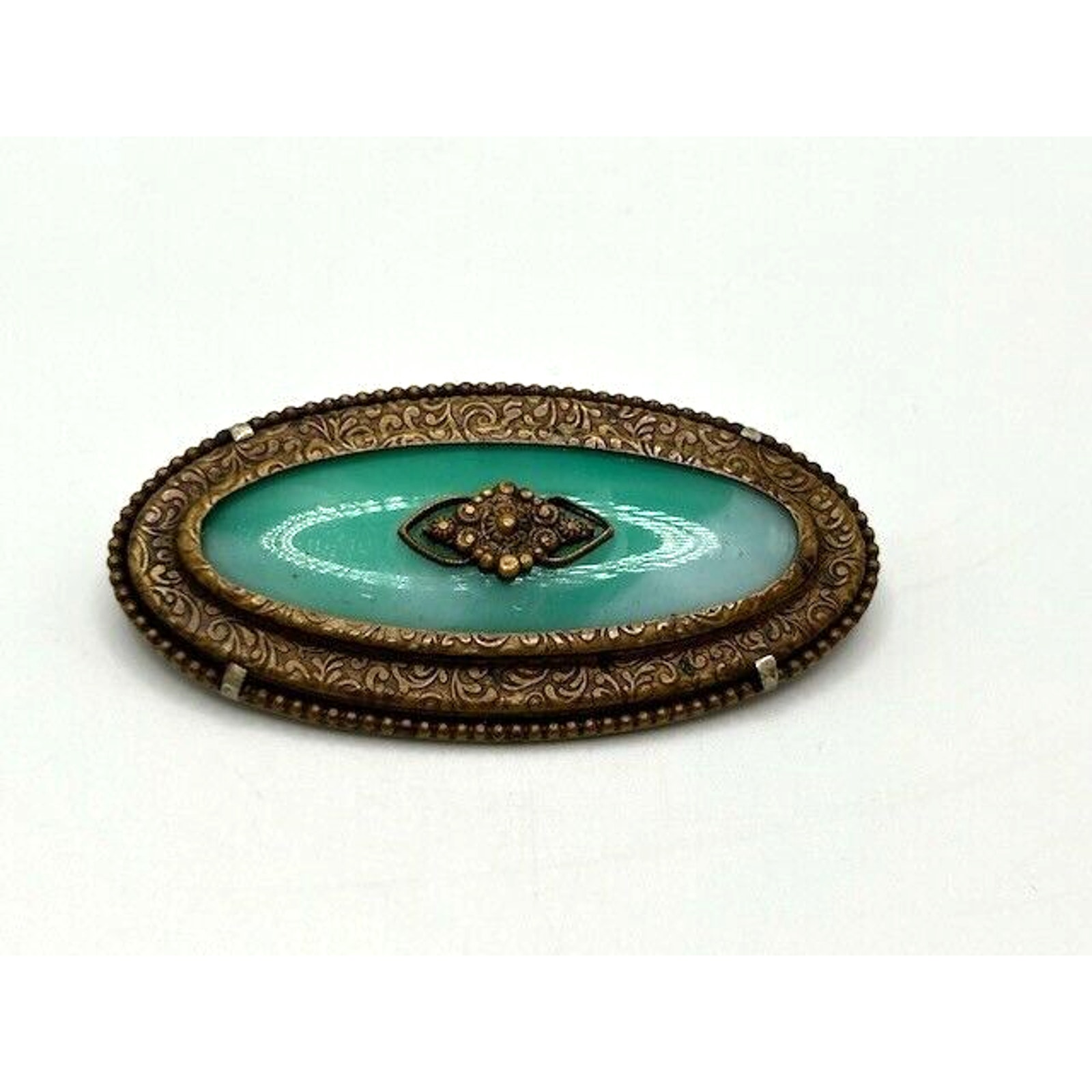 Vintage Brass & Jadeite Glass Art Nouveau Oval Brooch Pin Marked France