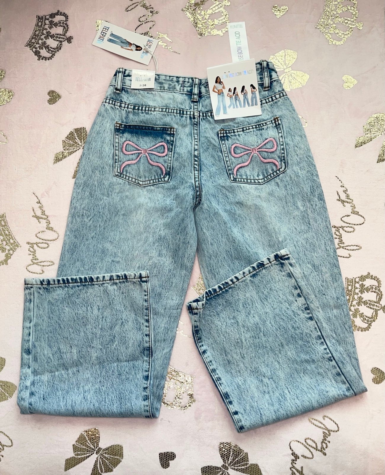 Low rise bow tie acid jeans
