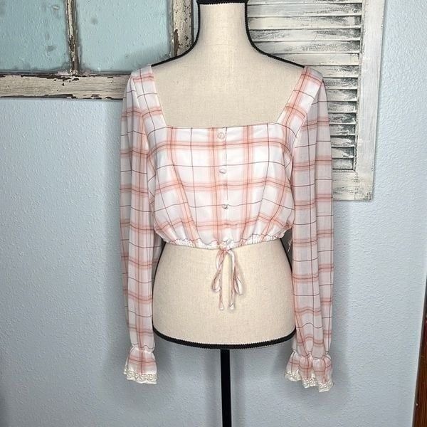 Society Stitch Plaid Checkered White Pink Poet Long Sleeve Women's Crop Top Size