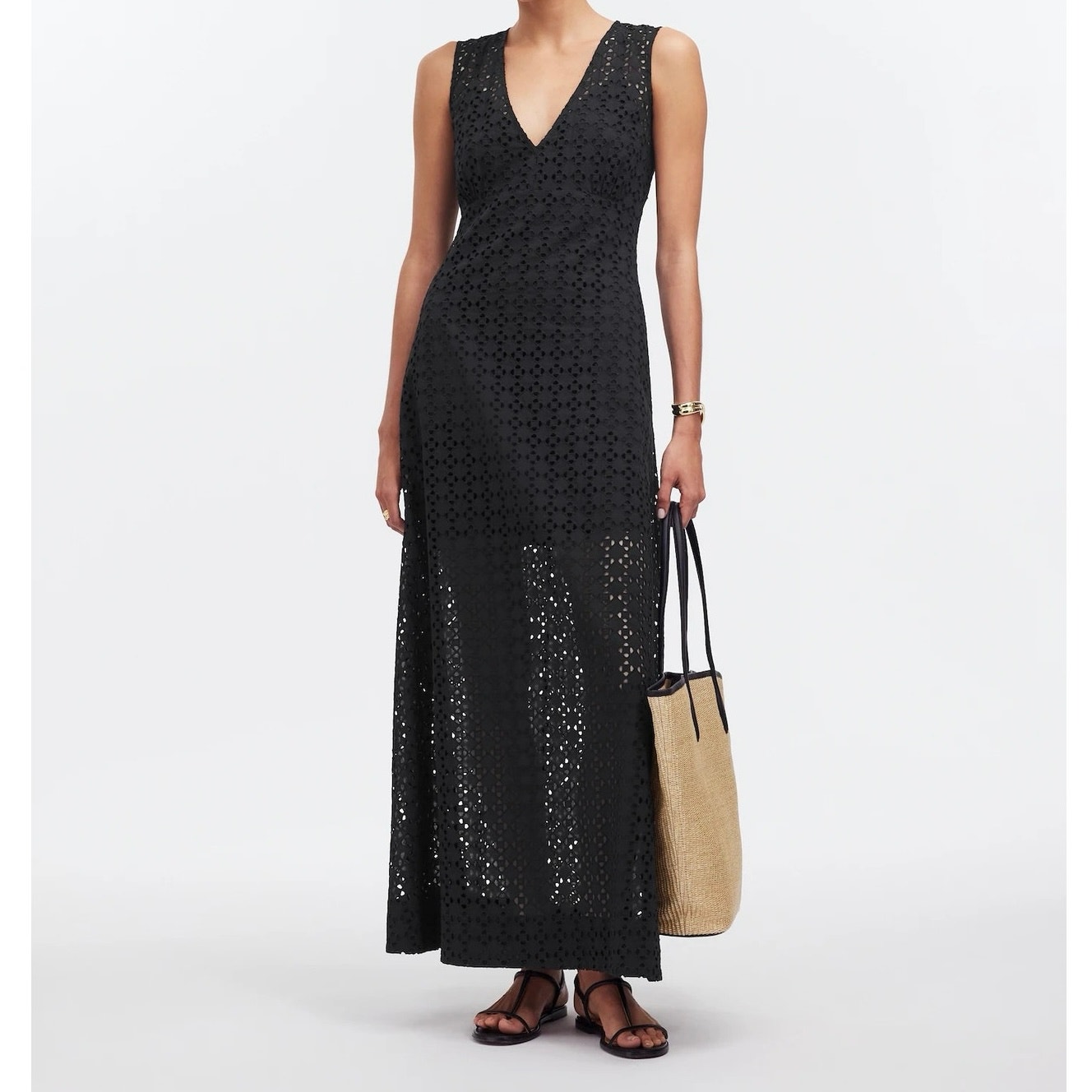 NWT Madewell Eyelet Lace V-Neck Maxi Dress Pockets In Black Size 6