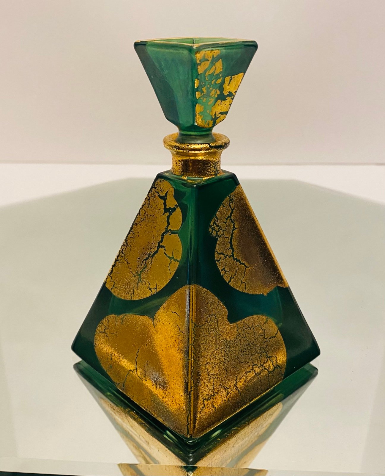 Vintage Italian Lead Crystal Green and Gold Pyramid Shaped Perfume Bottle.