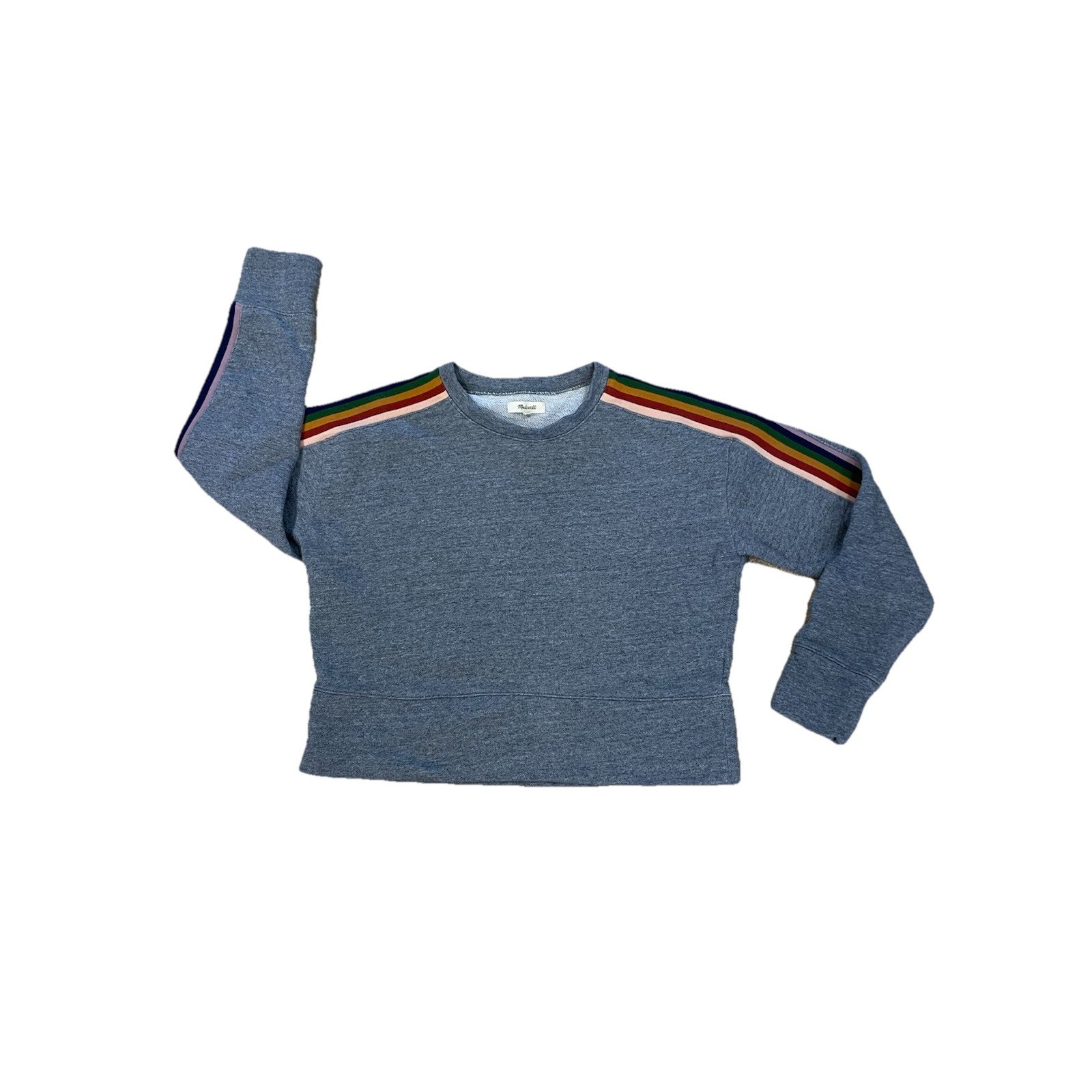 Madewell Gray Cropped Sweatshirt Rainbow Striped Sleeves Pullover Women’s Large