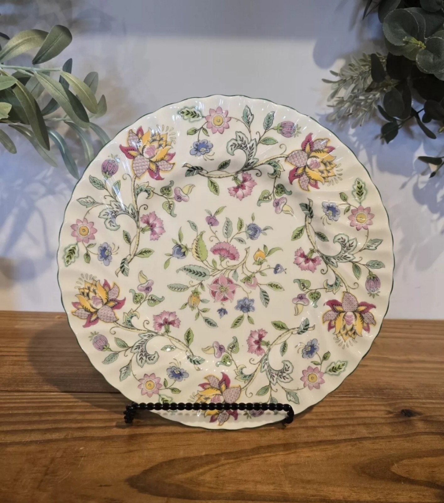 Vintage minton haddon hall floral chintz green edge swirl pattern 9 inch plate