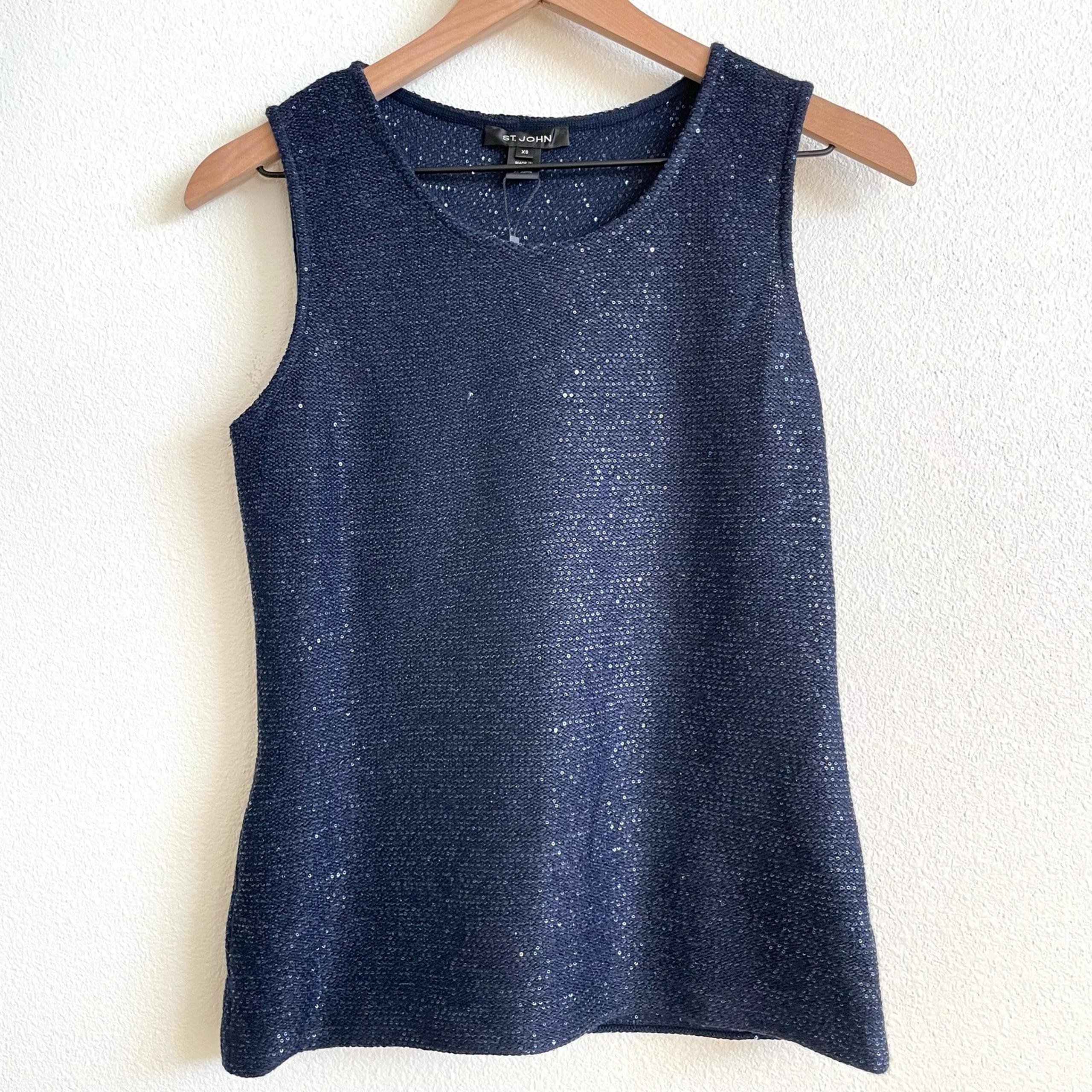 St. John Navy Blue Mini Sequin Knit Wool Blend Sleeveless Blouse Women's XS NWT