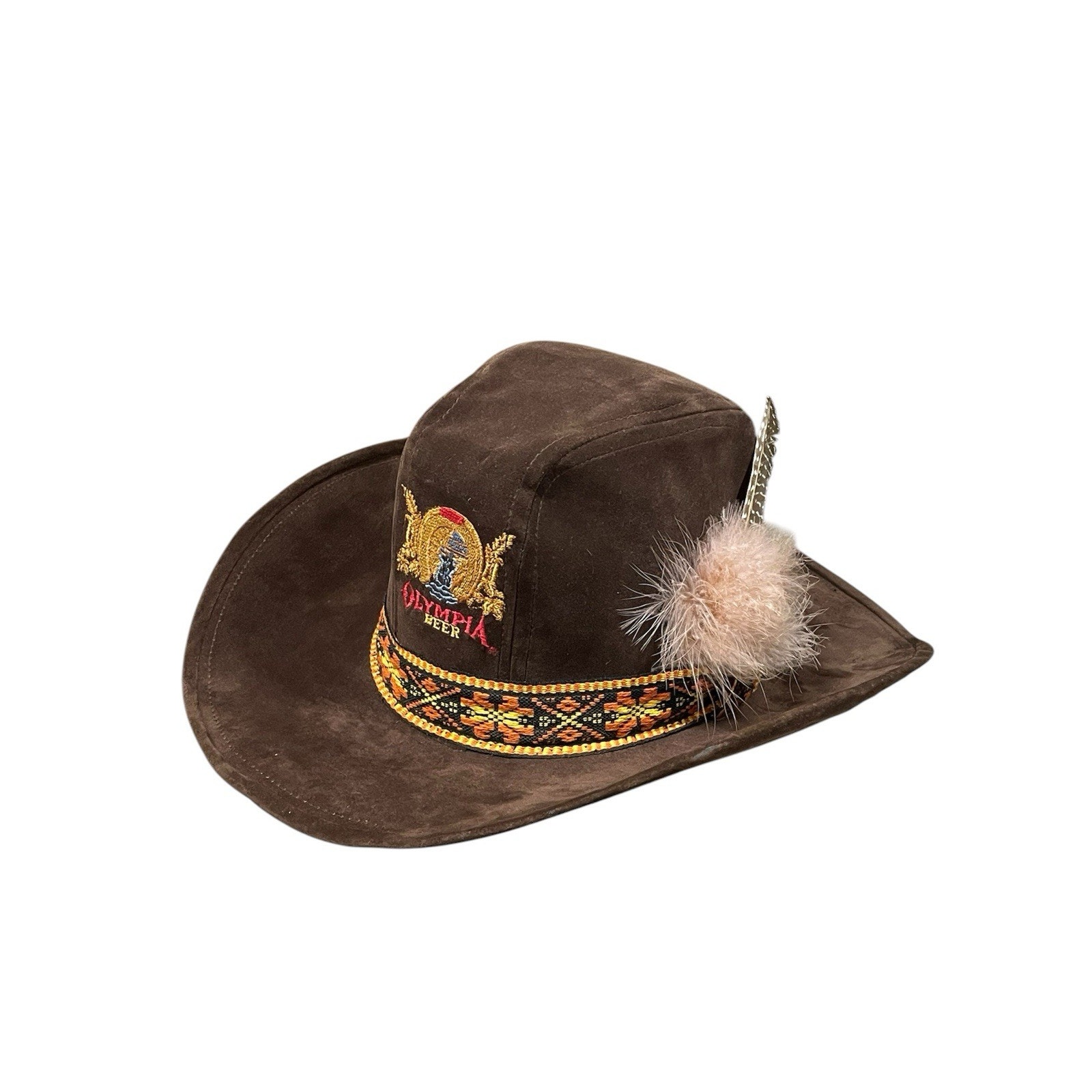 Vintage Olympia Beer Brown Suede Cowboy Hat Size Large Feather Attachment