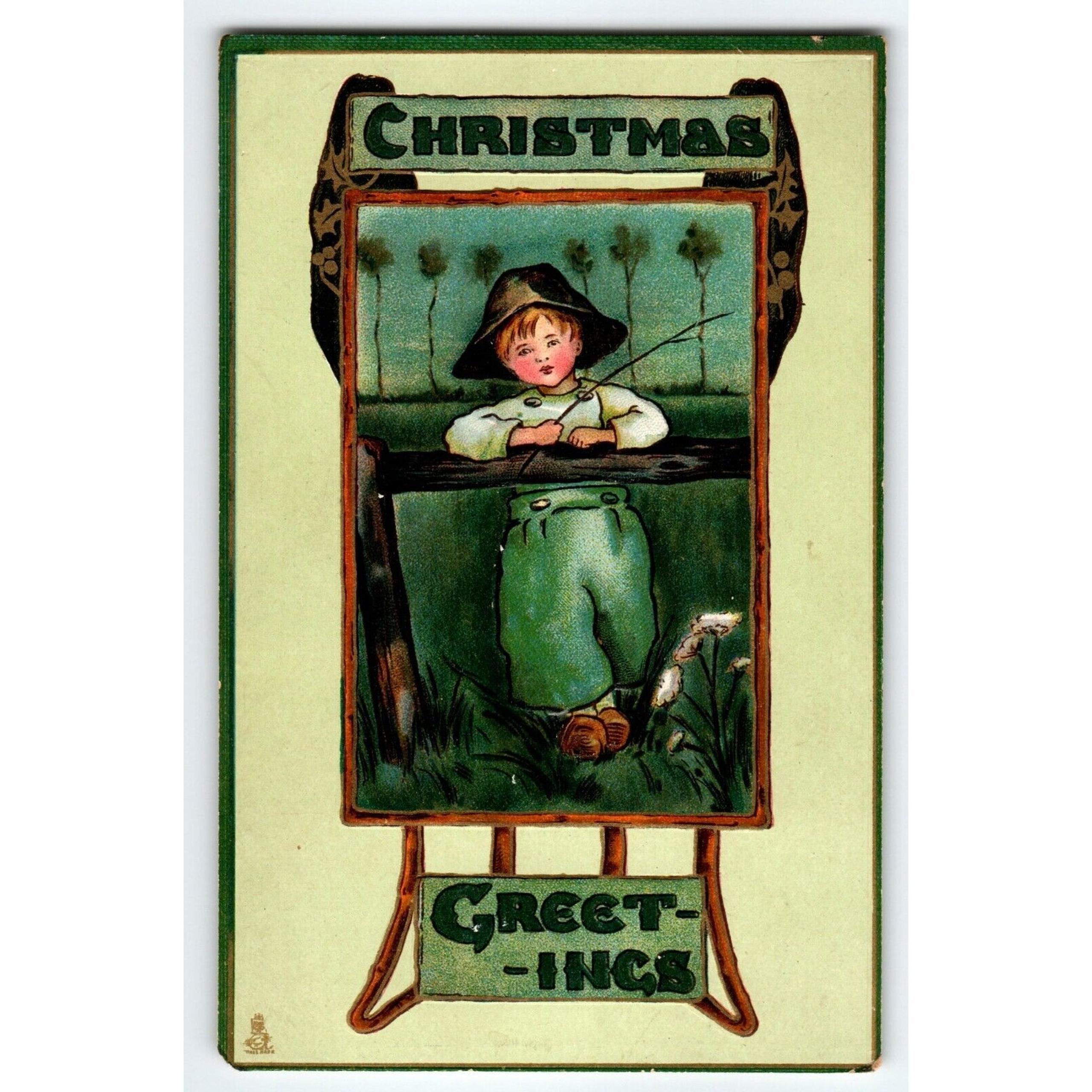 Christmas Postcard Dutch Boy Fishing Pole Wood Shoes Muff Ivy M. James 522 Tuck