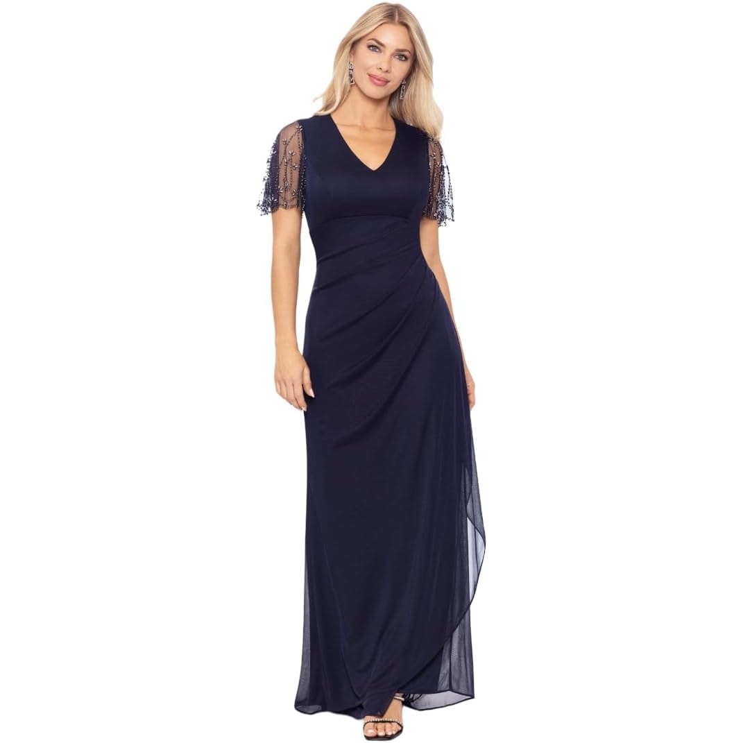 X By Xscape Sheer Matte Jersey Maxi Dress Beaded Sleeves Ruching Navy Sz 4P NWT