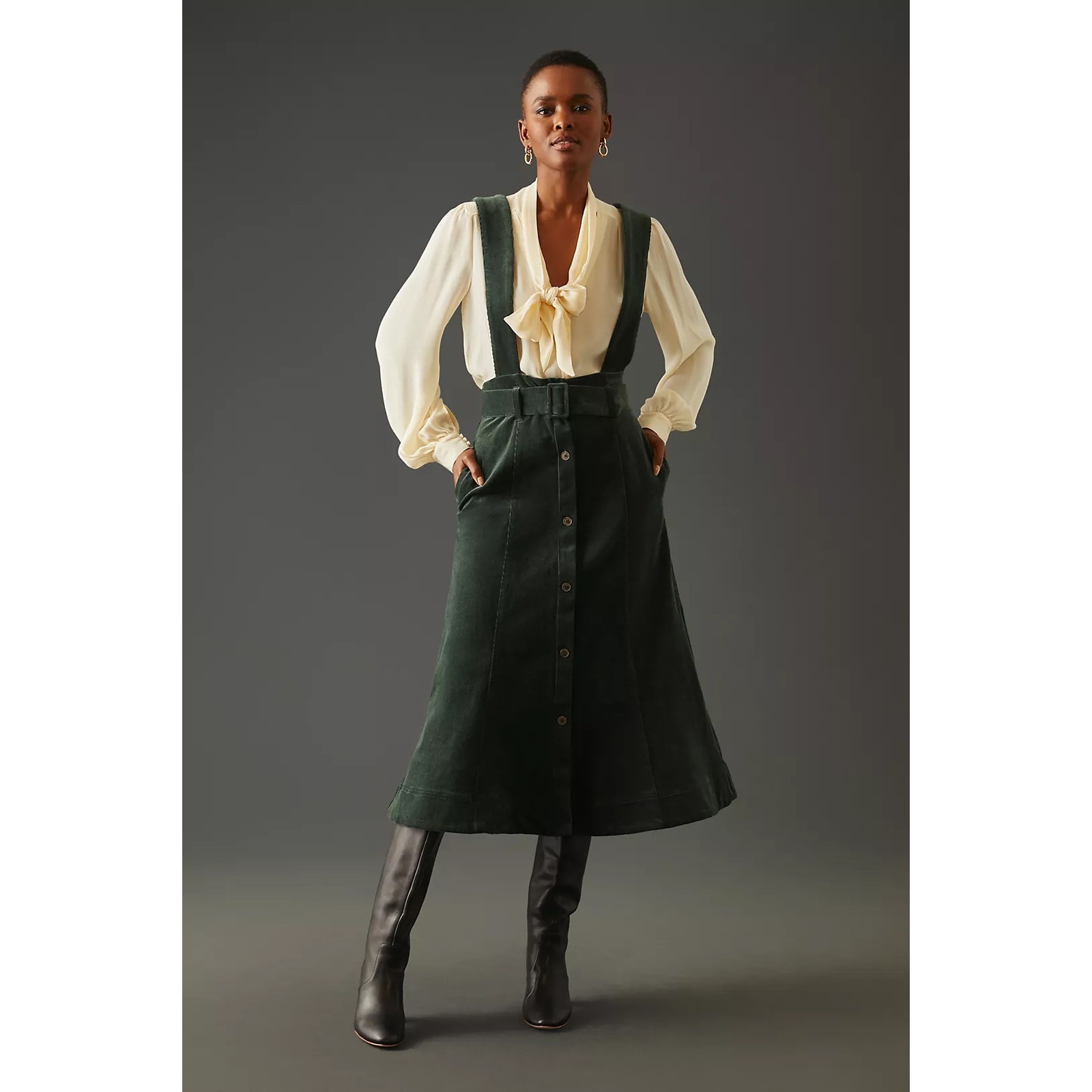 NWT Maeve Anthropologie Corduroy Pinafore Skirt Women’s 12 Green Button Front