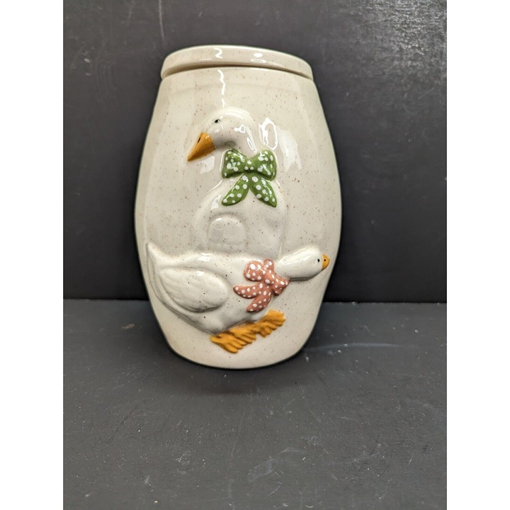 Vintage Country Goose 3D Canister Green & Pink Polka Dot Bow w/Lid 9 Tall