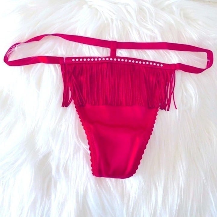VS VERY SEXY Fringe V-String Panty Thong Studded Embellished Red Satin XS